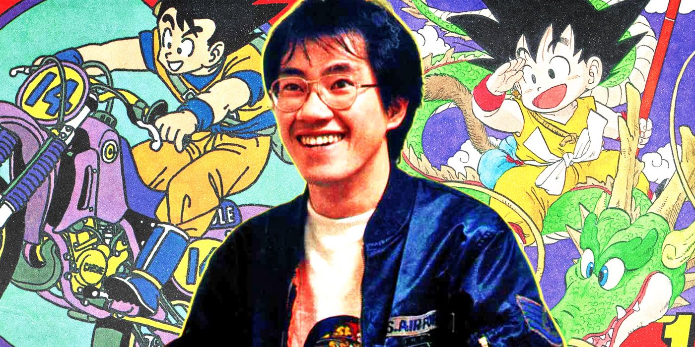 Akira Toriyama against a backdrop filled with artwork from his Dragon Ball manga