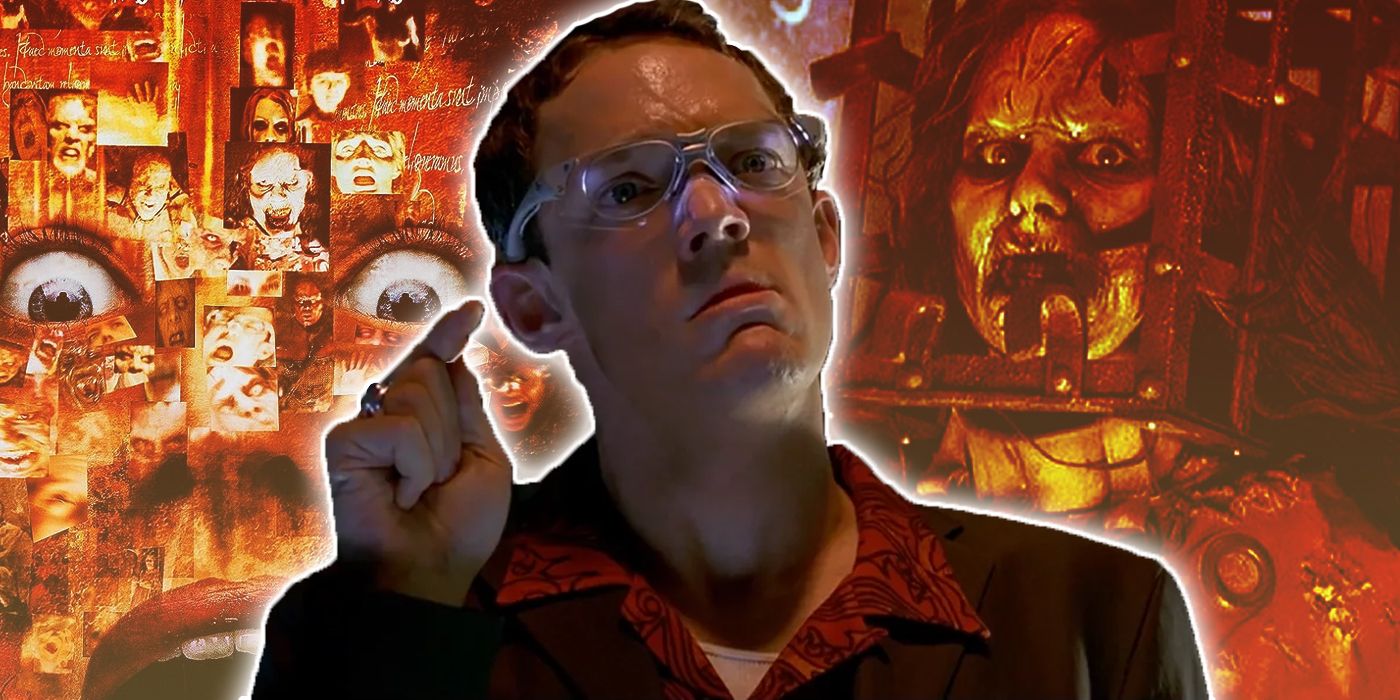 Matthew Lillard pointing with The Jackal and the poster for Thirteen Ghosts in the background
