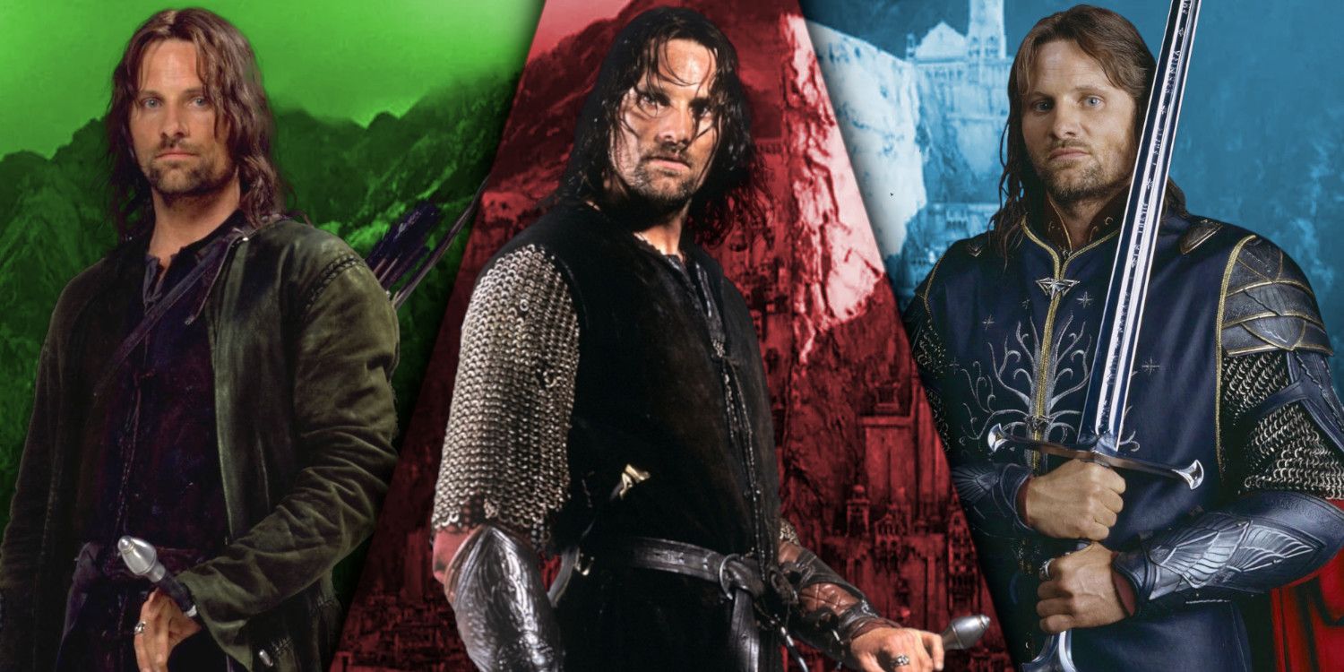 Aragorn from all three The Lord of the Rings films in front of multicolored images of Minas Tirith