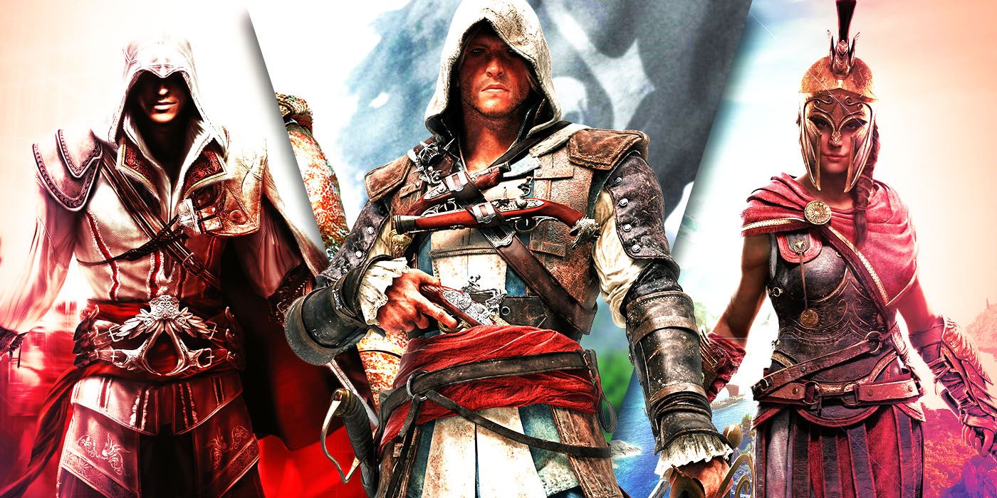 Split image of the protagonists for Assassin's Creed II, Black Flag, and Odyssey