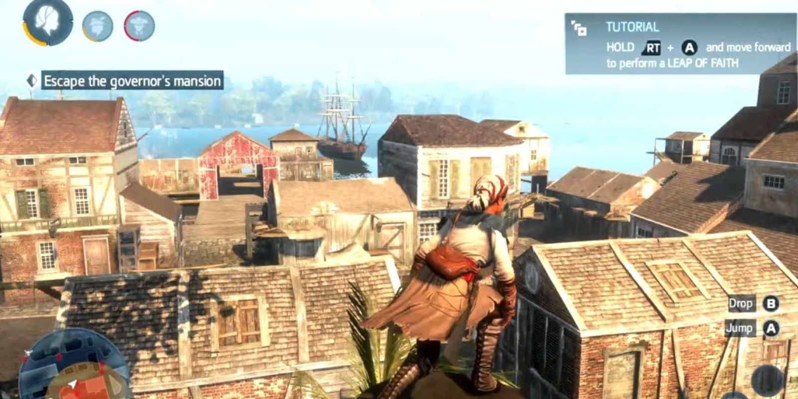 Jugabilidad de Assassin's Creed III Liberation mientras el jugador se sienta en lo alto de un techo.