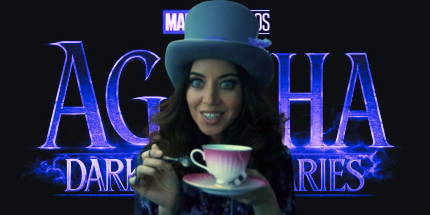An image of Aubrey Plaza's character from Legion in front of the logo for Agatha: Darkhold Diaries.