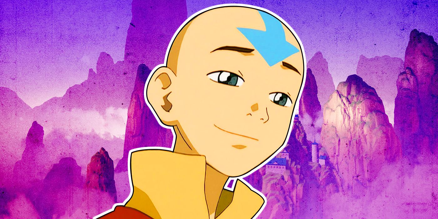 Aang from Avatar: The Last Airbender against a purple background