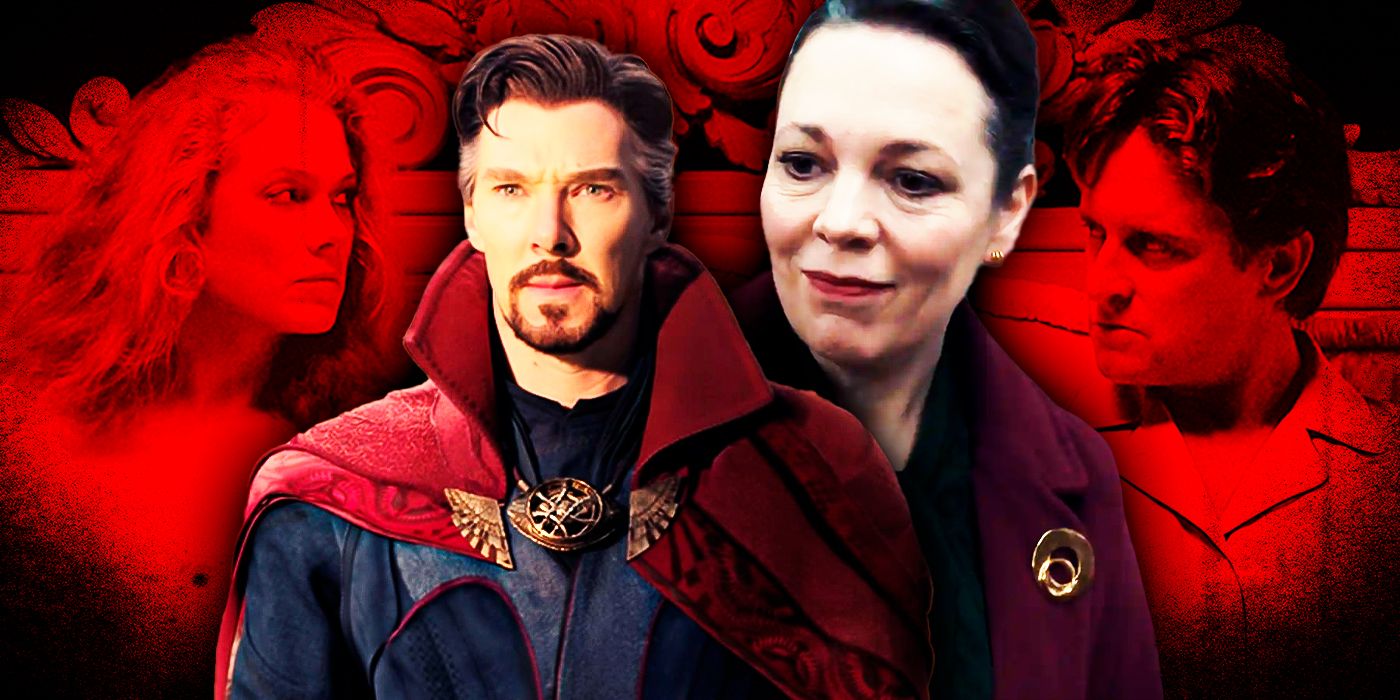 Benedict Cumberbatch and Olivia Colman with War of the Roses poster on the background