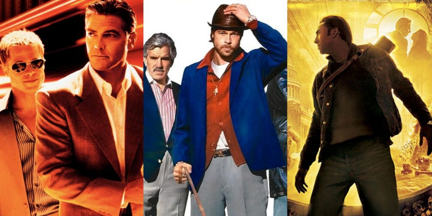 A split image of Ocean's Eleven, Snatch, and National Treasure