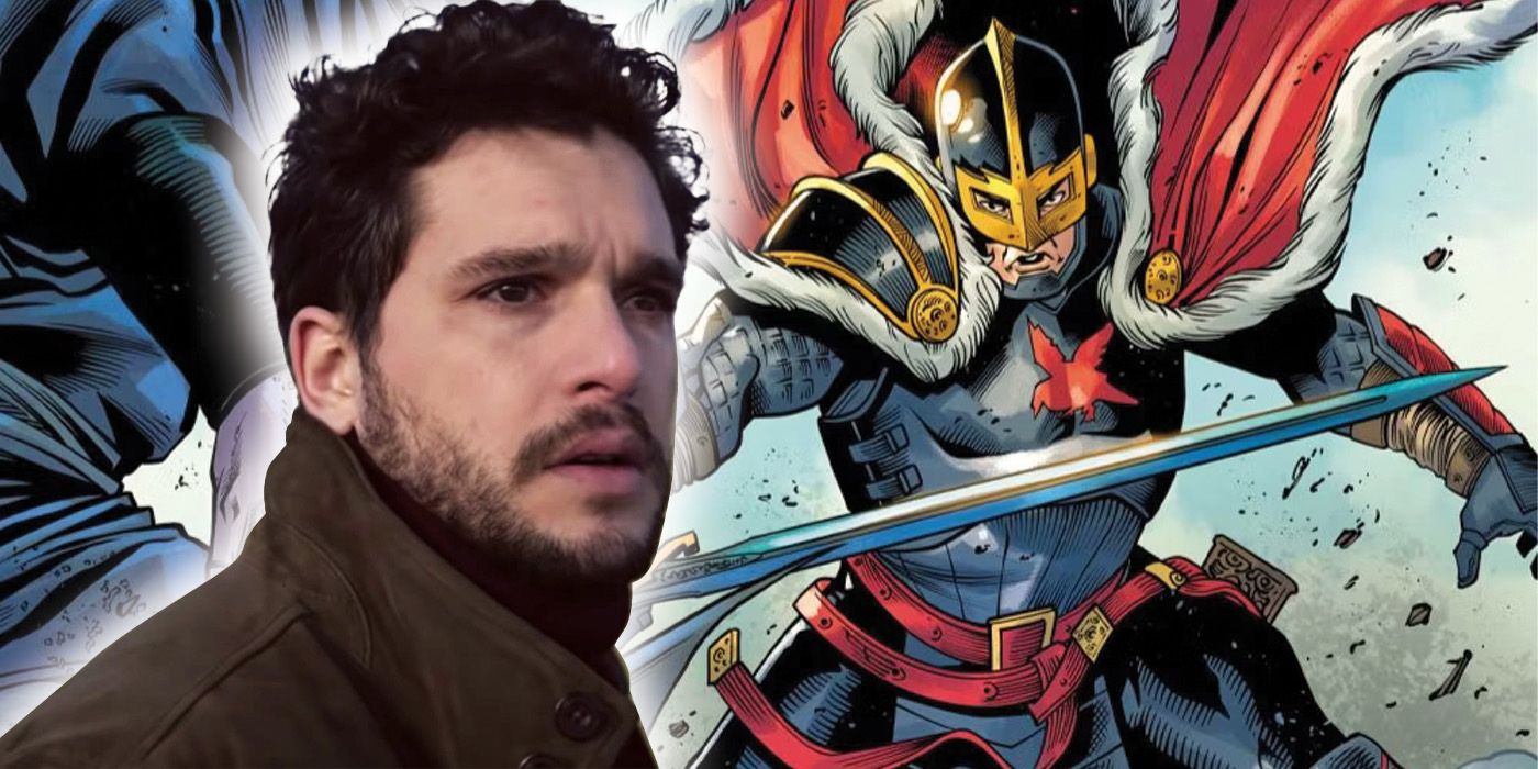 A composite image featuring Kit Harington as Dane Whitman and Black Knight from the comics wielding the Ebony Blade.