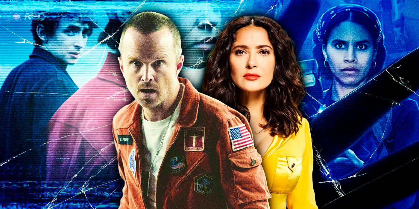 Aaron Paulin a spacesuit and Salma Hayek in a yellow top from Black Mirror Season 6