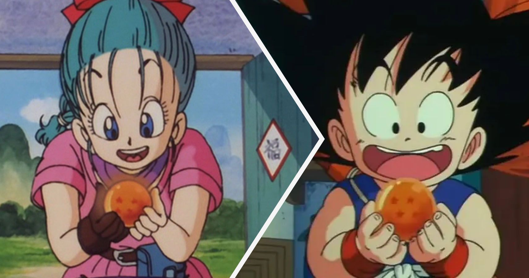 Bulma and Goku holding the 4 star Dragon Ball from Dragon Ball Episode 1