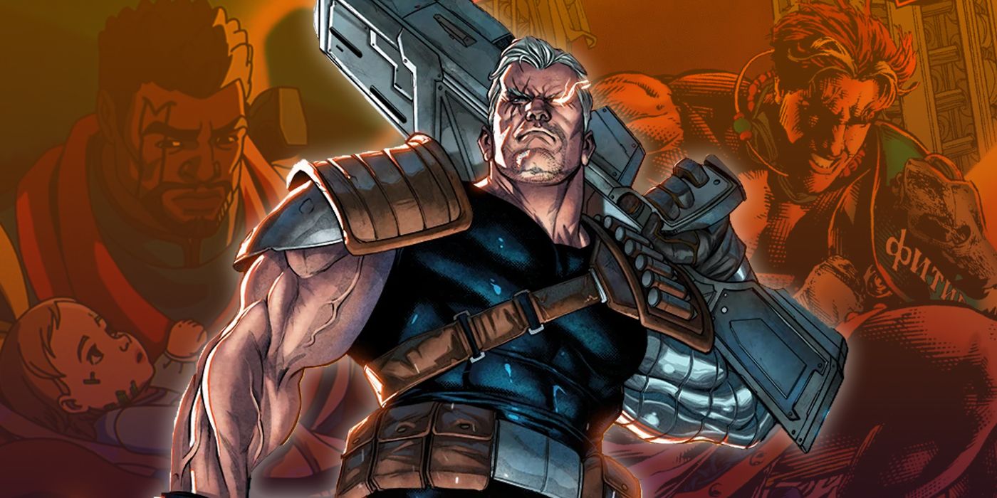 Cable with his younger self and his animated origin in the background
