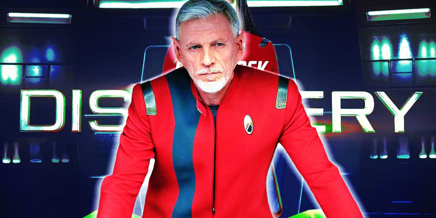 Rayner (actor Callum Keith Rennie) in Starfleet uniform in front of Star Trek: Discovery logo