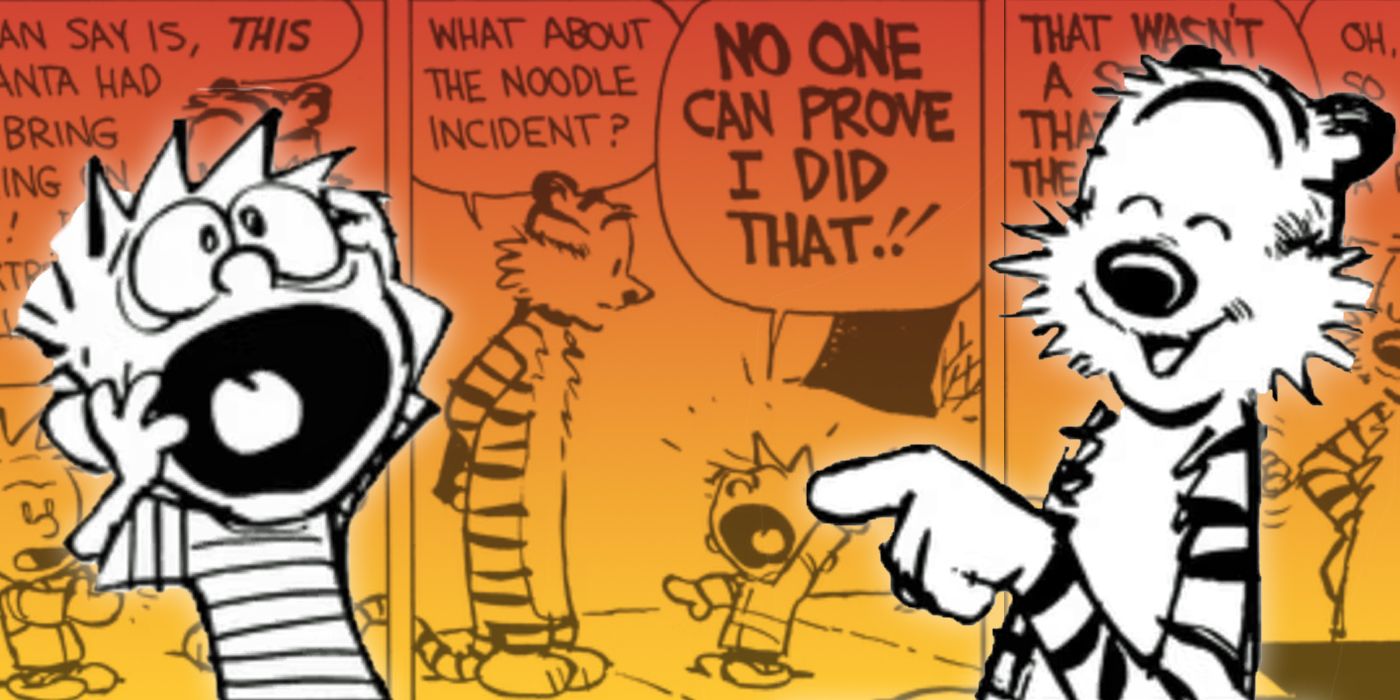 Calvin screaming and Hobbes laughing with comic strips featuring the noodle incident in the background