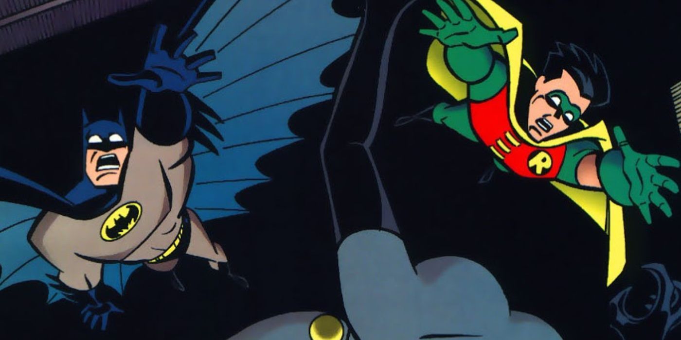 Batman and Robin jump in Batman & Robin Adventures comic