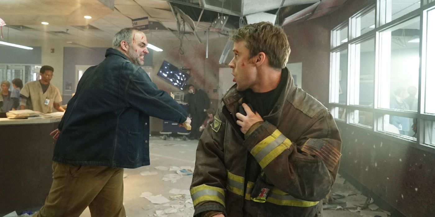Jesse Spencer as Matt Casey in a damaged hospital with a volatile subject in Chicago Fire episode " I Am The Apocalypse" 
