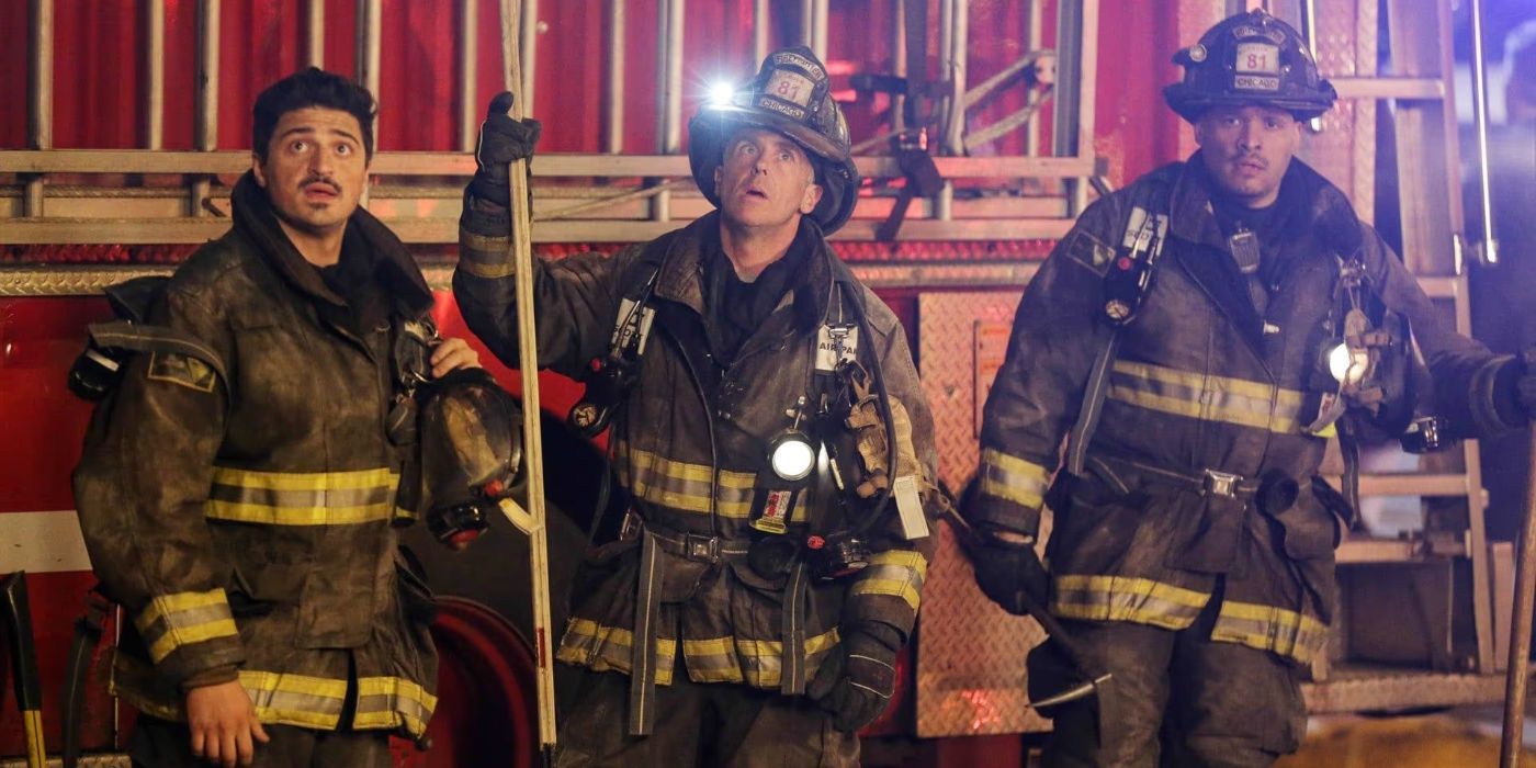 Joe Minoso as Firefighter Joe Cruz, David Eigenberg as Firefighter Christopher Herrmann, Yuri Sardarov as Firefighter Brian "Otis" Zvonecek in Chicago Fire "Real Never Waits"