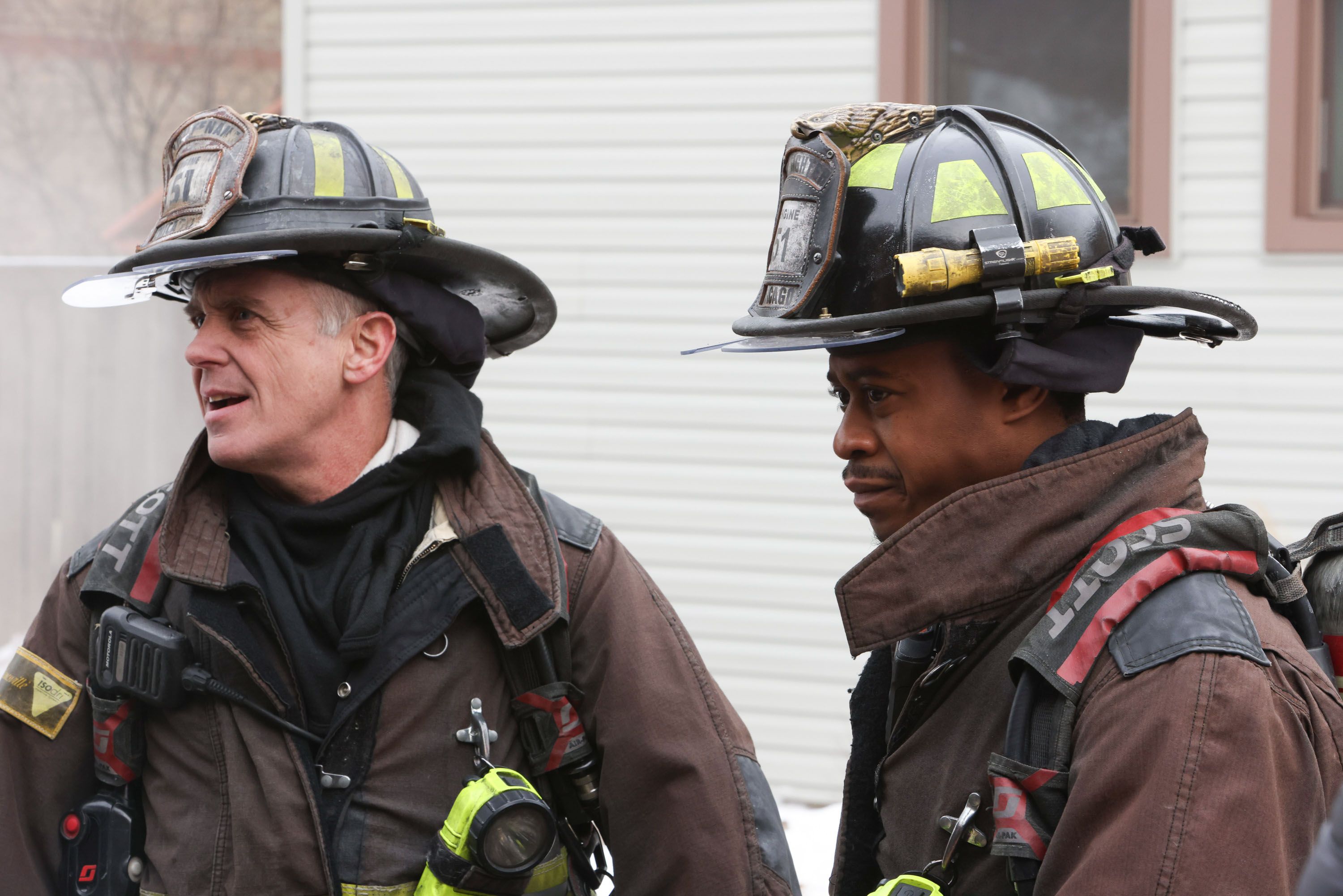 Herrmann and Boden (actor Eamonn Walker) in firefighter gear on Chicago Fire