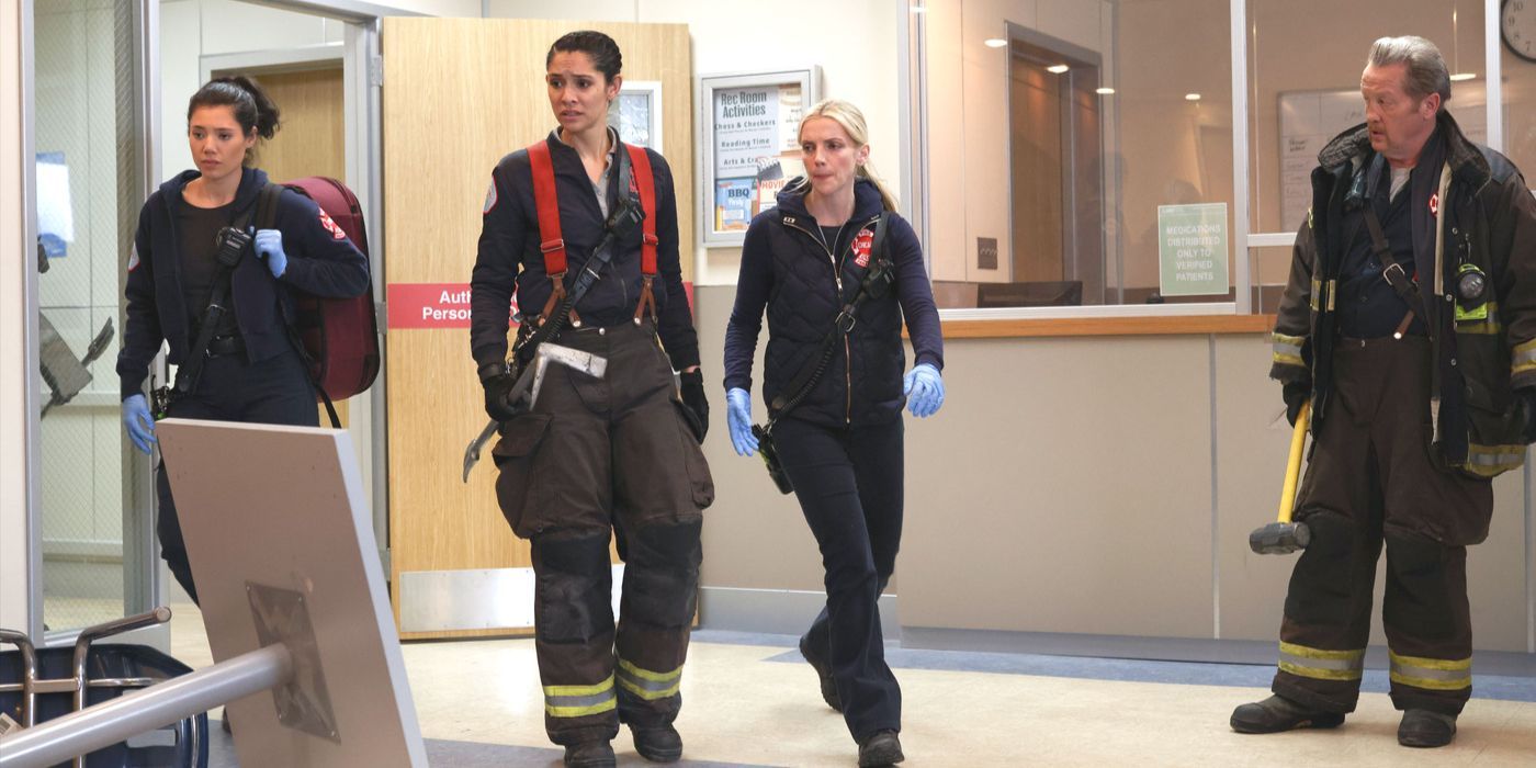 Sylvie Brett (actor Kara Killmer) arrives as firefighters survey a damaged room on Chicago Fire