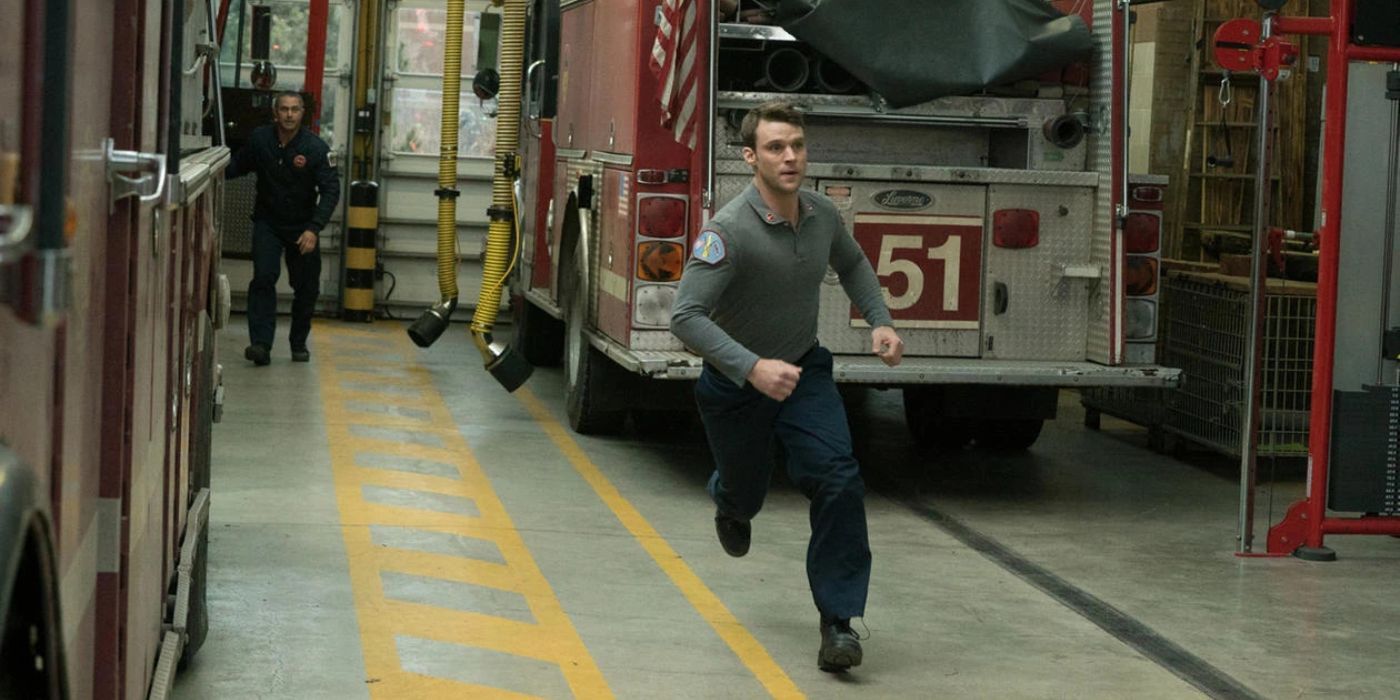 Matt Casey (Jesse Spencer) running next to a firetruck in Chicago Fire "Telling Her Goodbye"