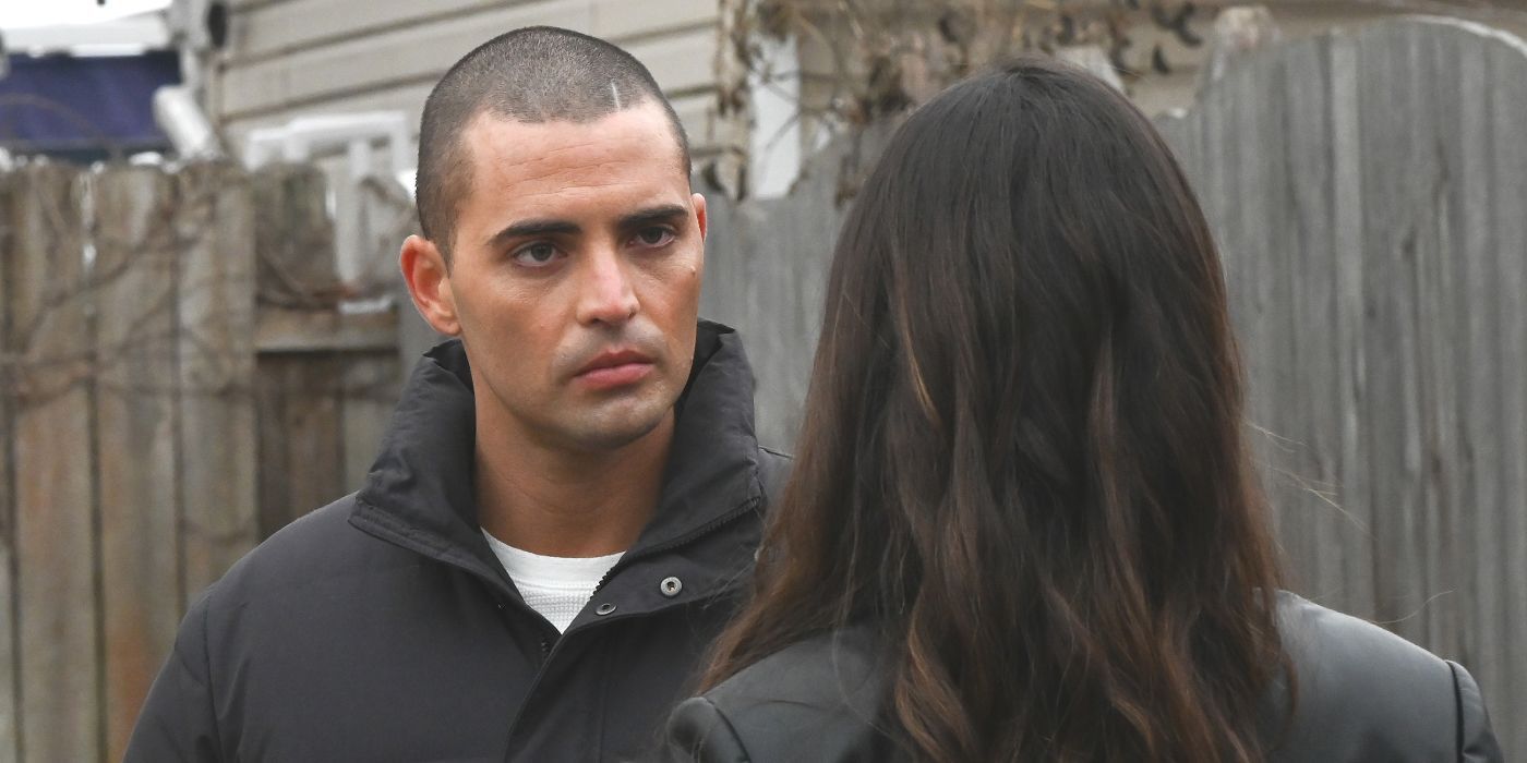 Dante Torres (actor Benjamin Levy Aguilar) in a black jacket looking at Gloria on Chicago PD