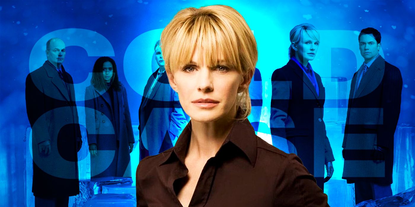 Lilly Rush (actor Kathryn Morris) in a black top in front of a blue Cold Case cast photo