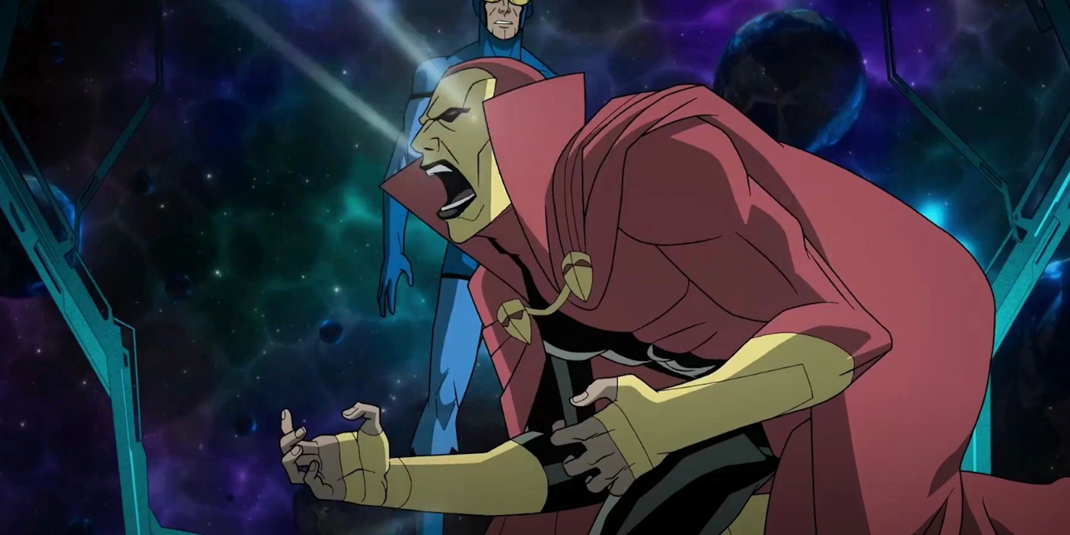 Psycho Pirate yells in front of Blue Beetle in Crisis on Infinite Earths 2