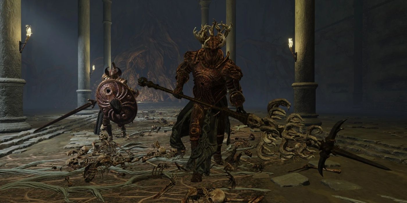 The dual Crucible Knight bosses approaching the player in Elden Ring.