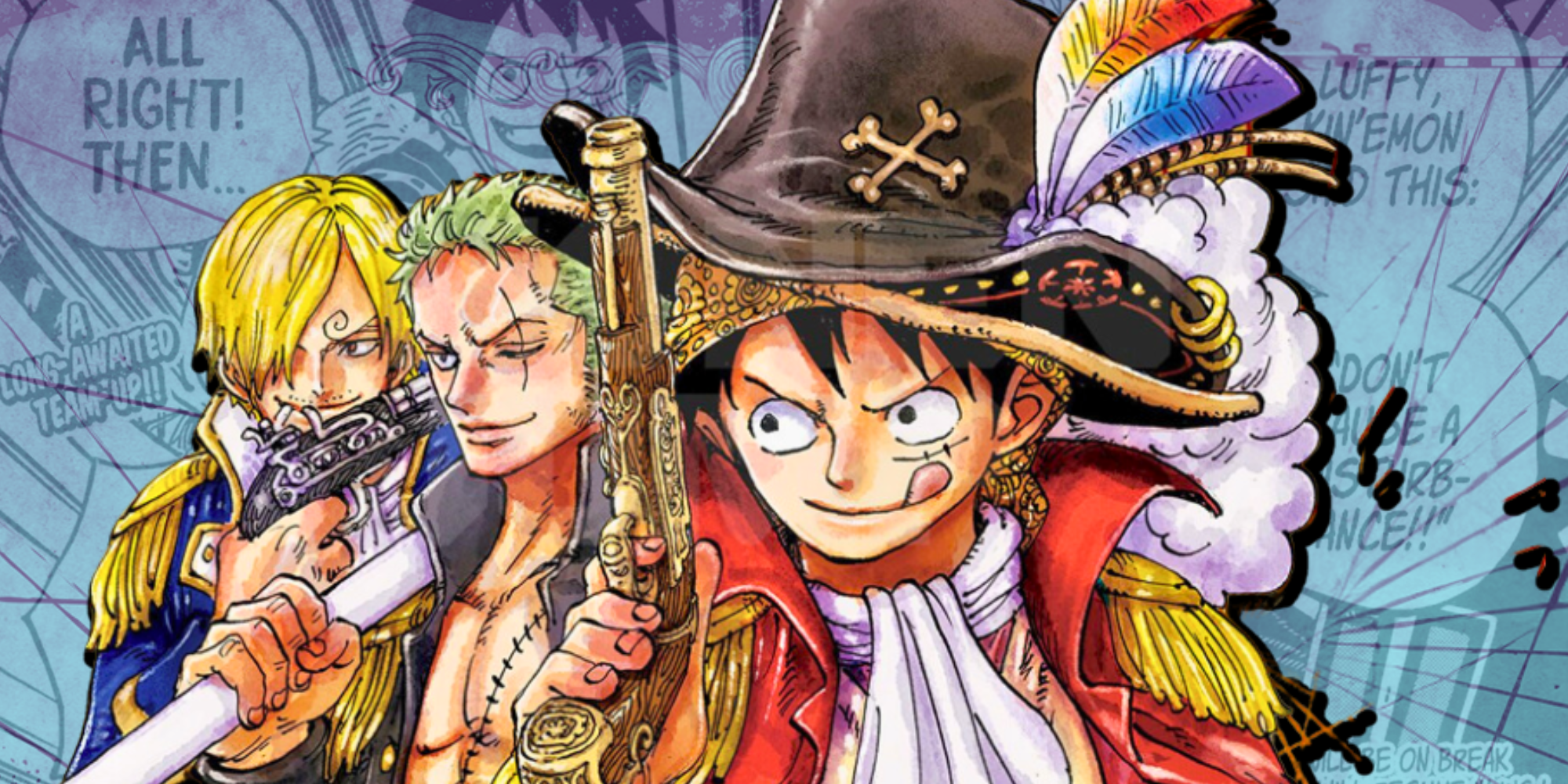 Custom Image of Wano, Zorro, and Luffy from One Piece dressed in traditional pirate attire holding weapons