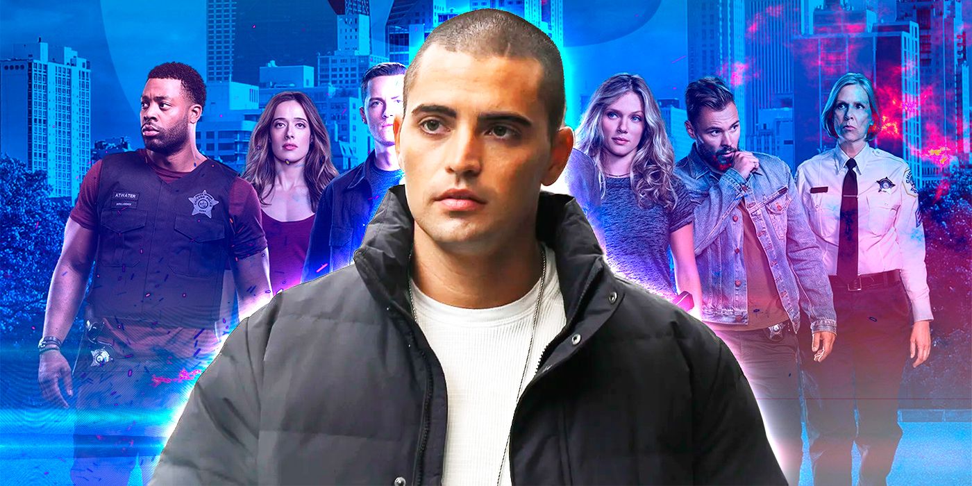 Dante Torres (actor Benjamin Levy Aguilar) in a black jacket in front of Chicago PD cast
