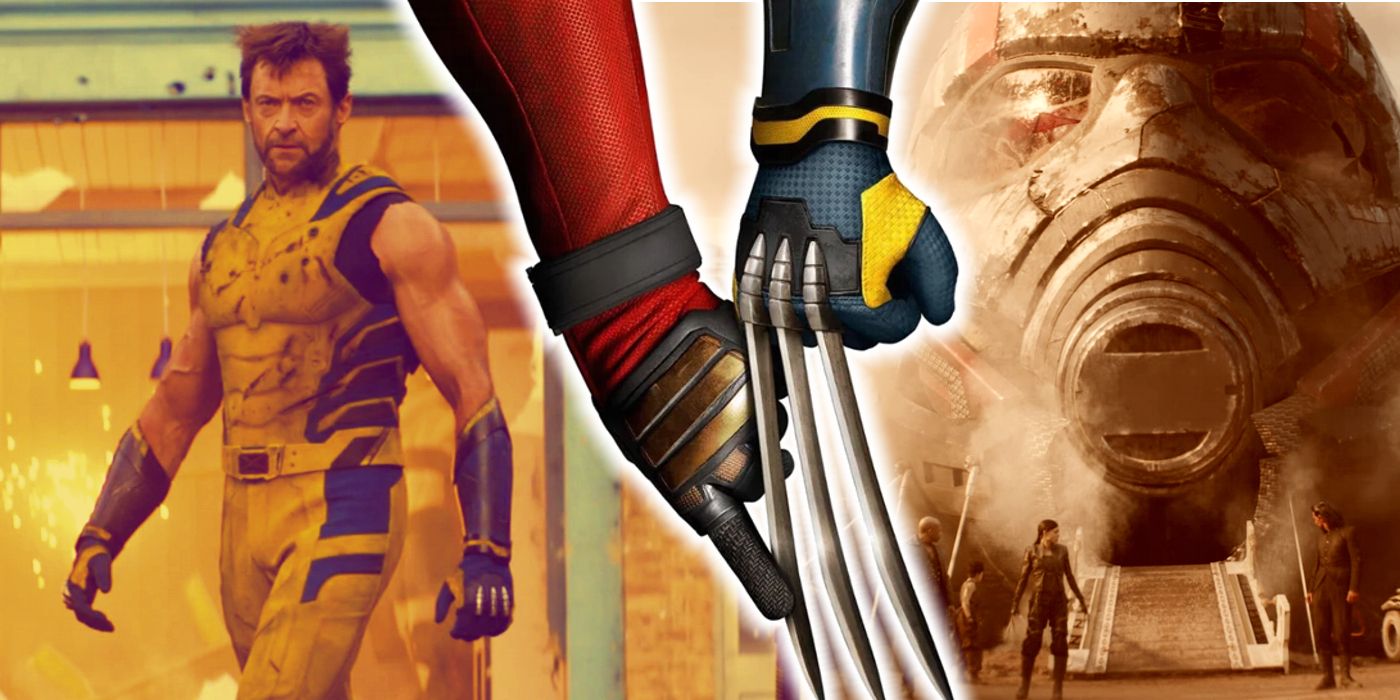 Deadpool touching Wolverine's claw in front of Wolverine in his sleeveless costume and Ant-Man's giant head.