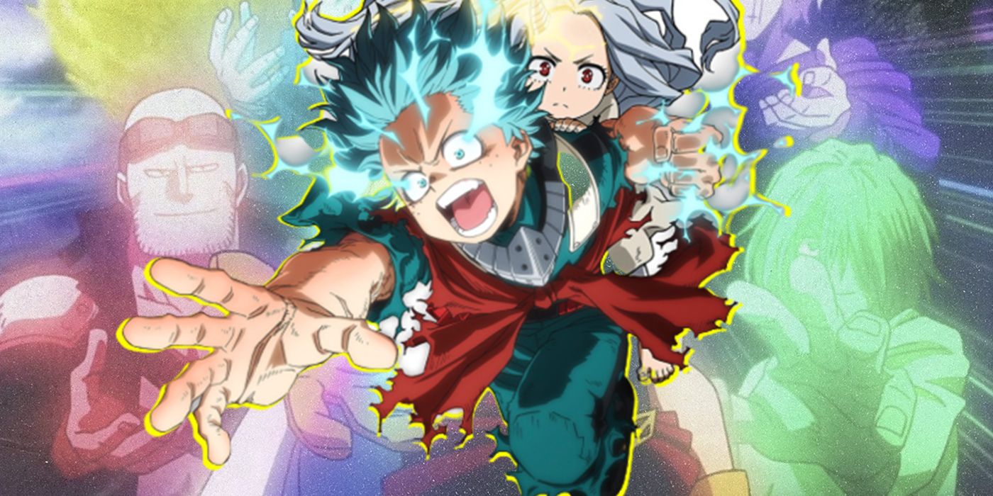 Deku charging toward the viewer with Eri riding on his back in My Hero Academia.