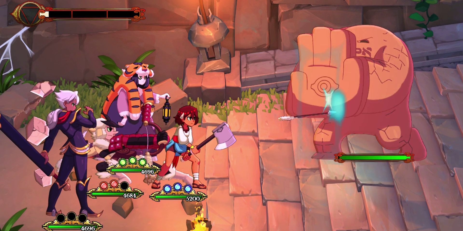 Dhar, Zebei, Razmi, and Ajna fight a Golem in Indivisible game
