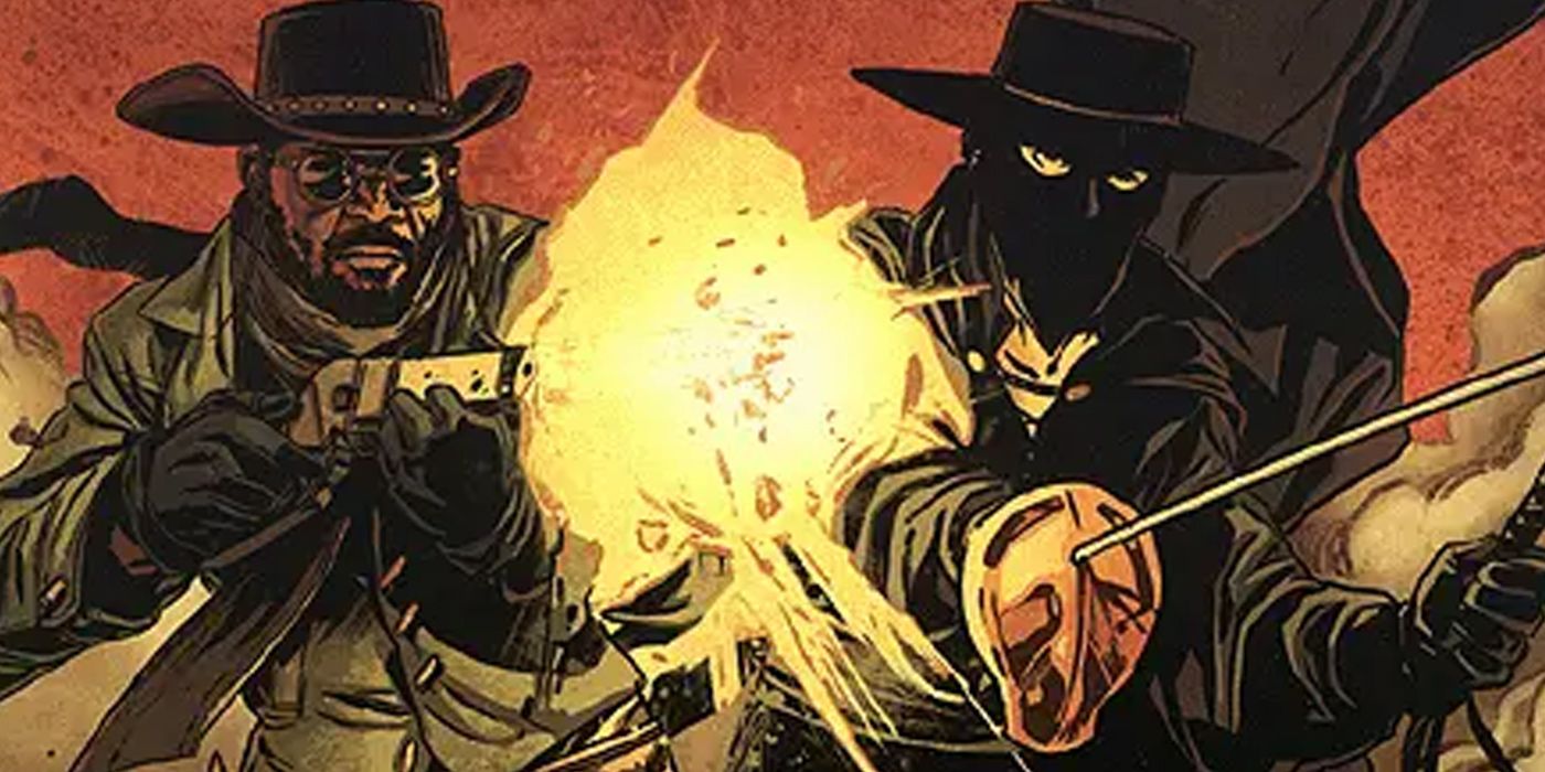 Django fires his rifle as Zorro charges with him in Django/Zorro.