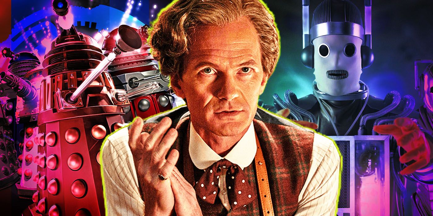 Neil Patrick Harris as the Toymaker, in front of the Daleks and the Cybermen, from Doctor Who.