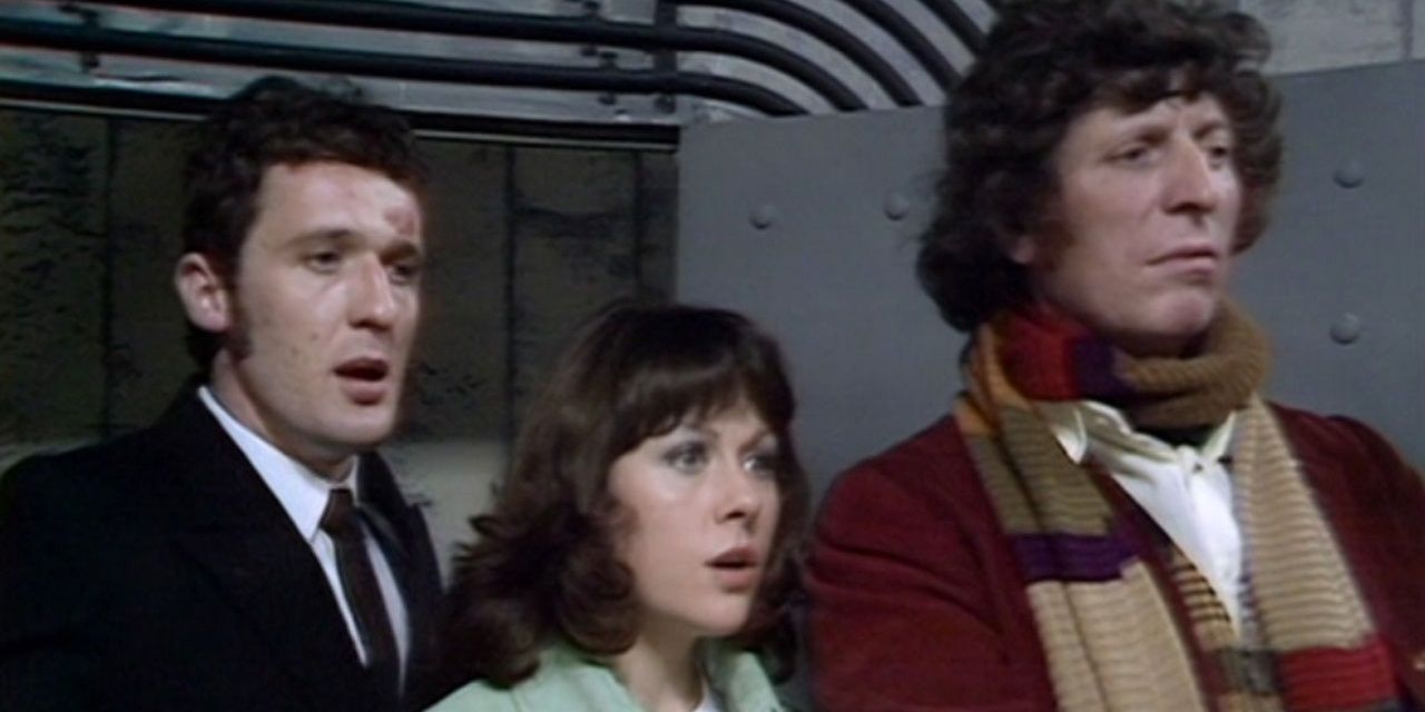 A Quarta Doutora Sarah Jane Smith e Harry Sullivan parecem chocados em Doctor Who.