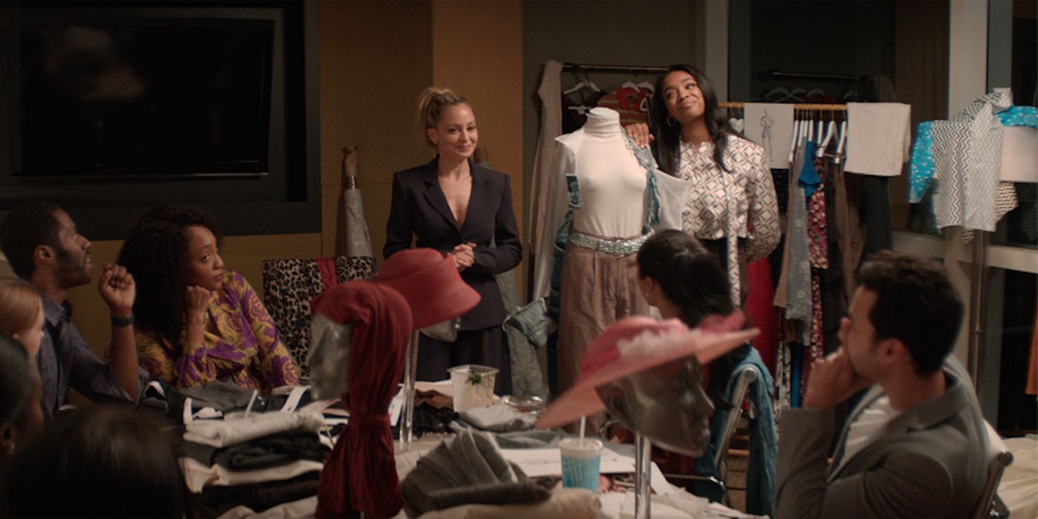 Tanya Crandell (Simone Joy Jones, right) and her boss, Rose (Nicole Richie, left) present a new fashion campaign to their employes. Caroline (Iantha Richarson) isn't impressed.