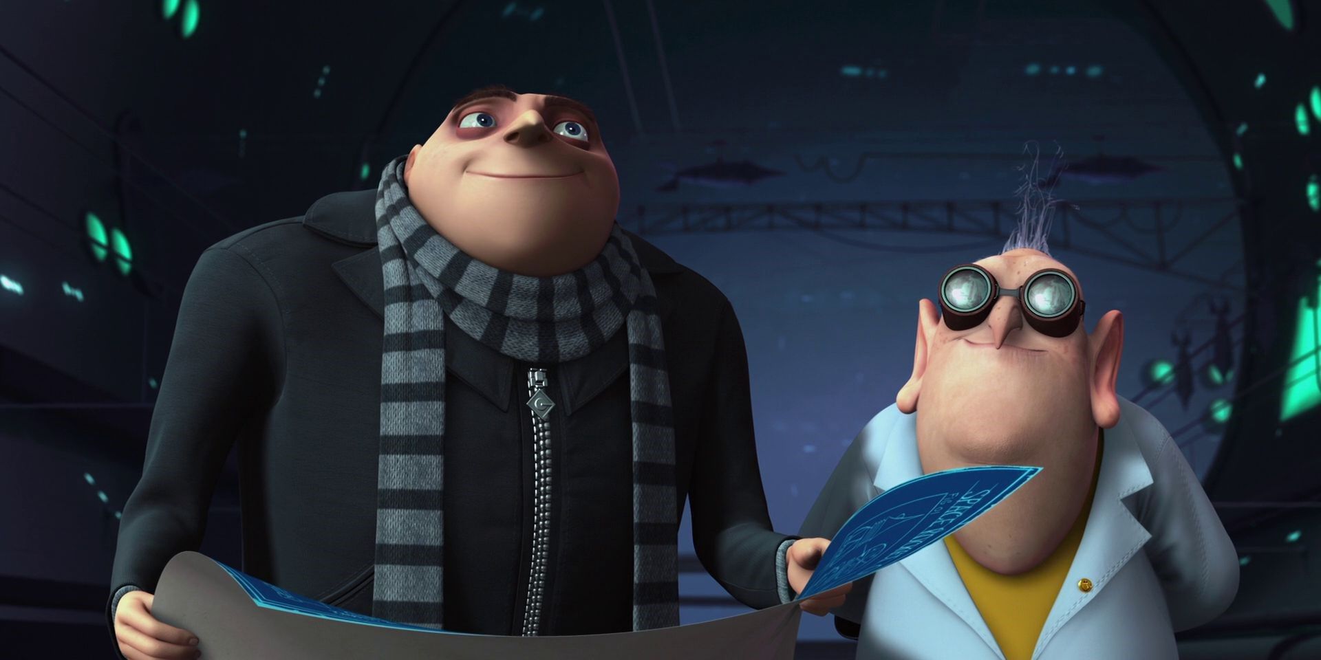Dr Nefario and Gru look at plans in Despicable Me 3