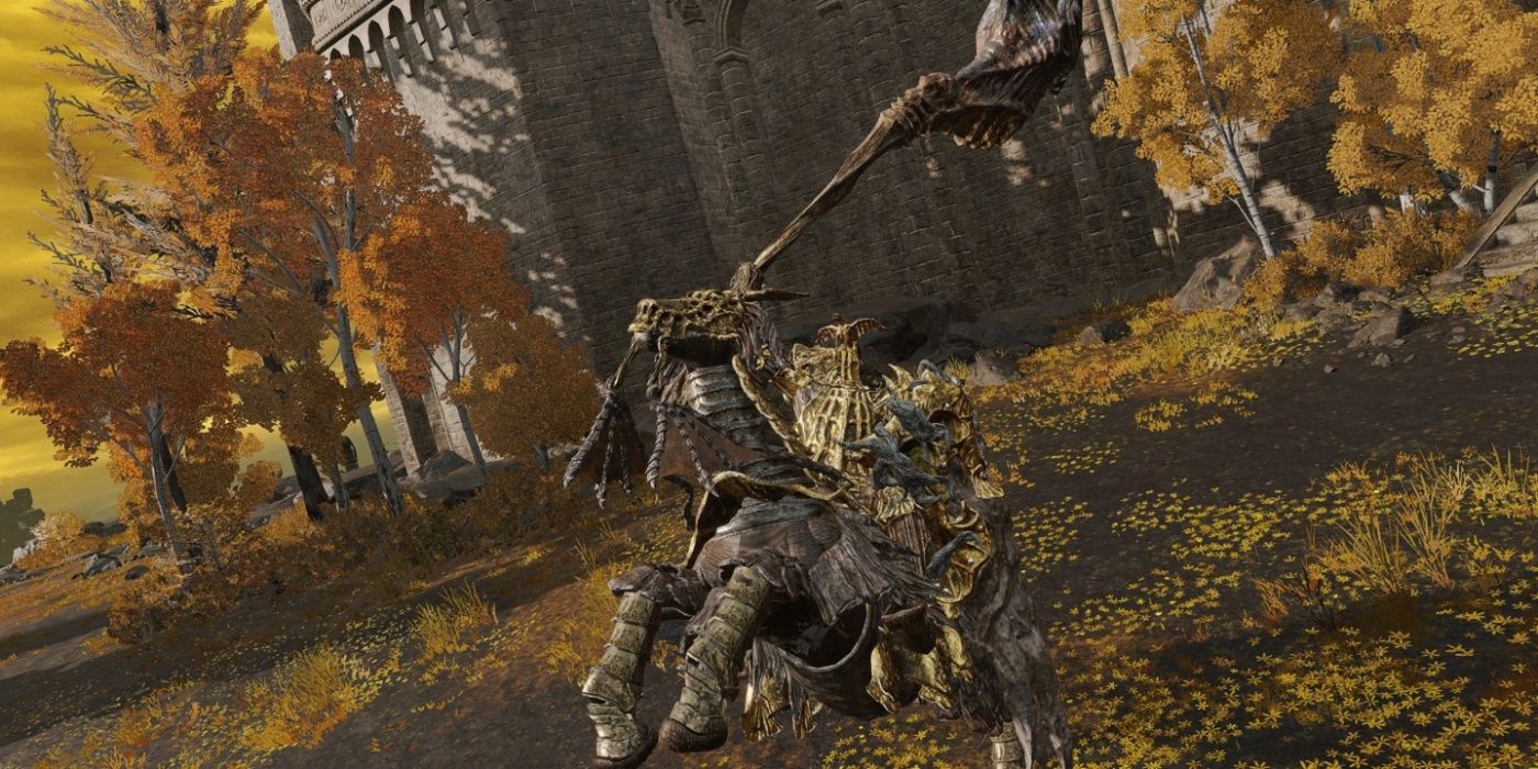 The Draconic Tree Sentinel riding a horse in Elden Ring.
