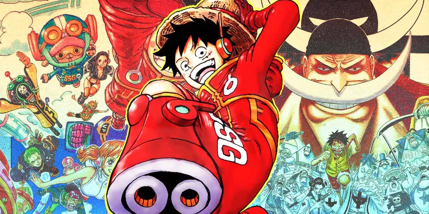One Piece's Luffy in his Egghead outfit with scenes from Marineford Arc behind.