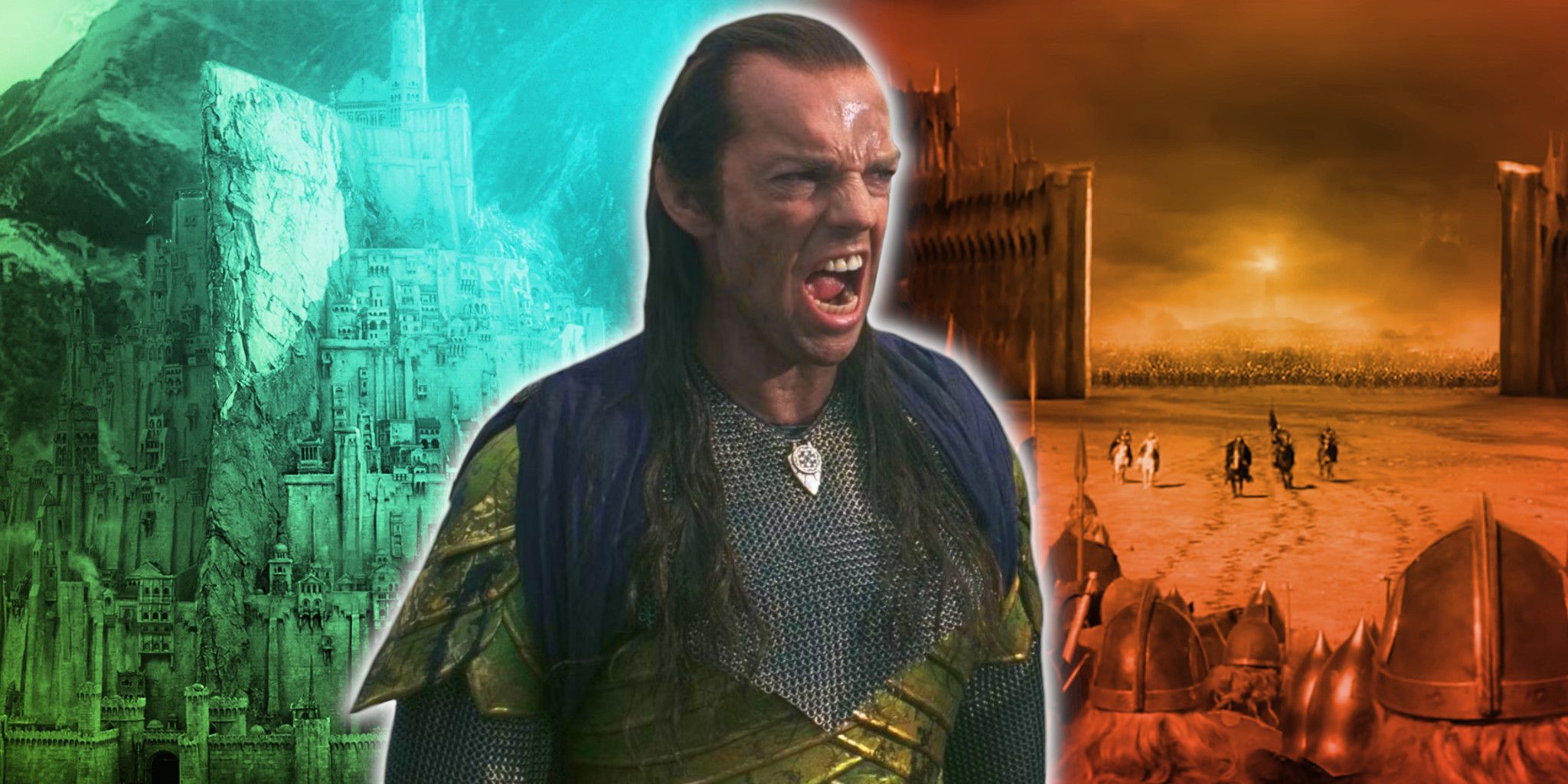 Elrond in front of Minas Tirith and the Black Gate from The Lord of the Rings: The Return of the King
