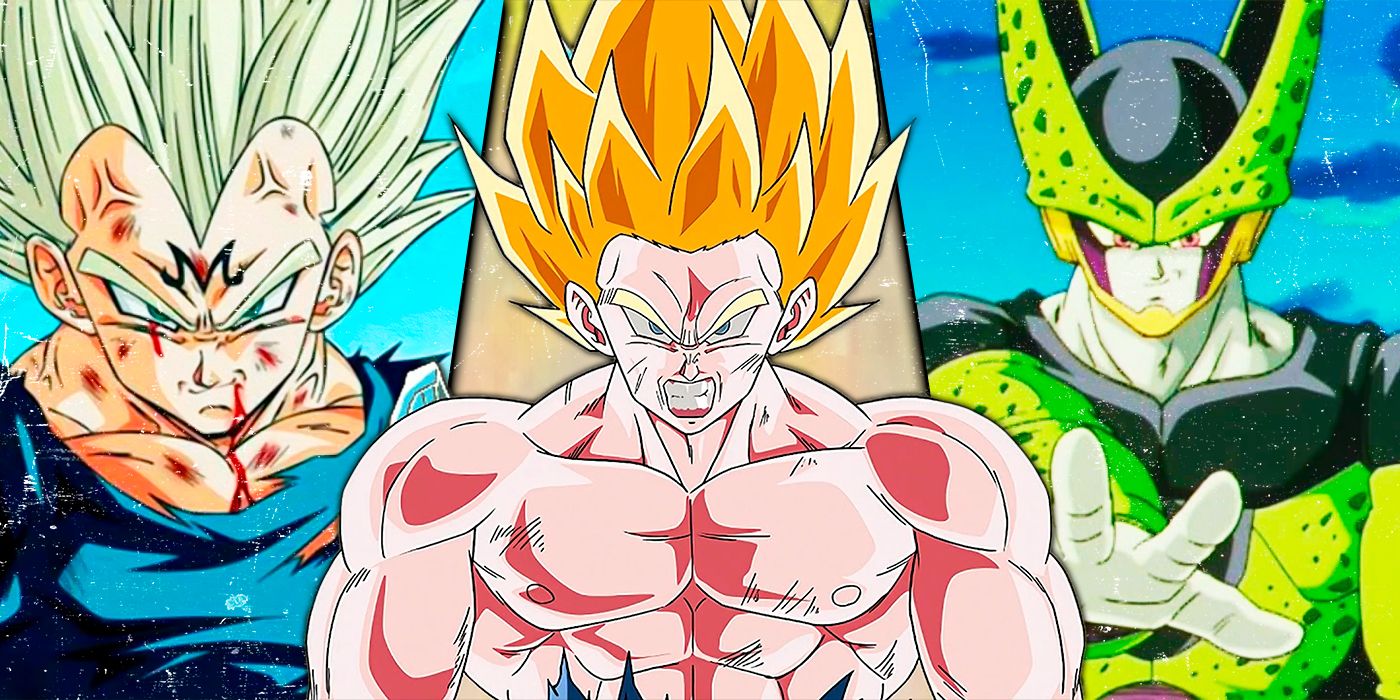 Super Saiyan Goku in the center with Cell and Majin Vegeta on the sides