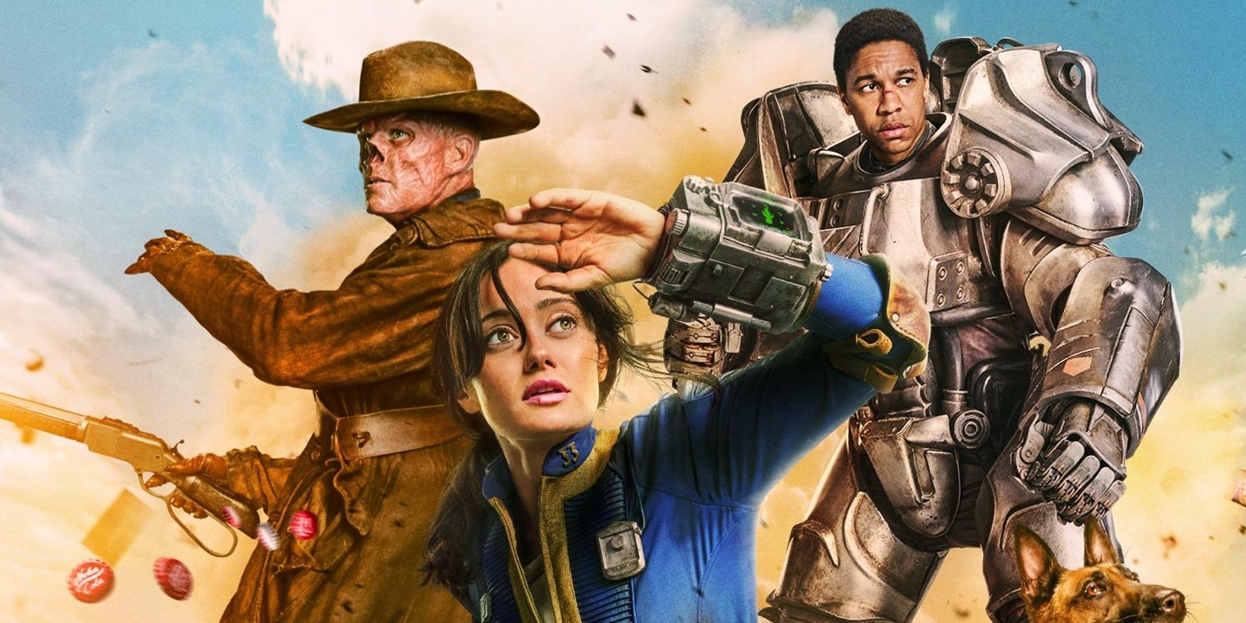 The poster for Fallout on prime video with Lucy, Maximus and The Ghould.
