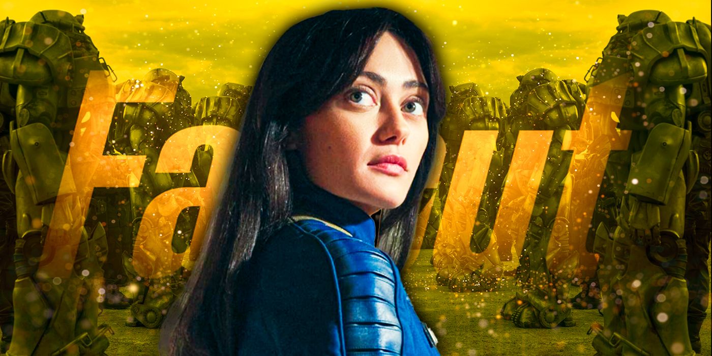 Lucy against the logo for the Fallout TV show.