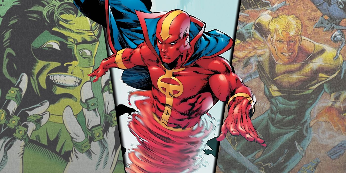 Split image of Green Lantern, Red Tornado and Triumph of the Justice League