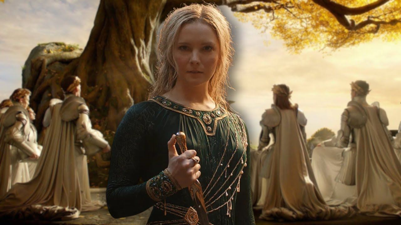Galadriel stands with her knife in front of an image of elves in The Rings of Power