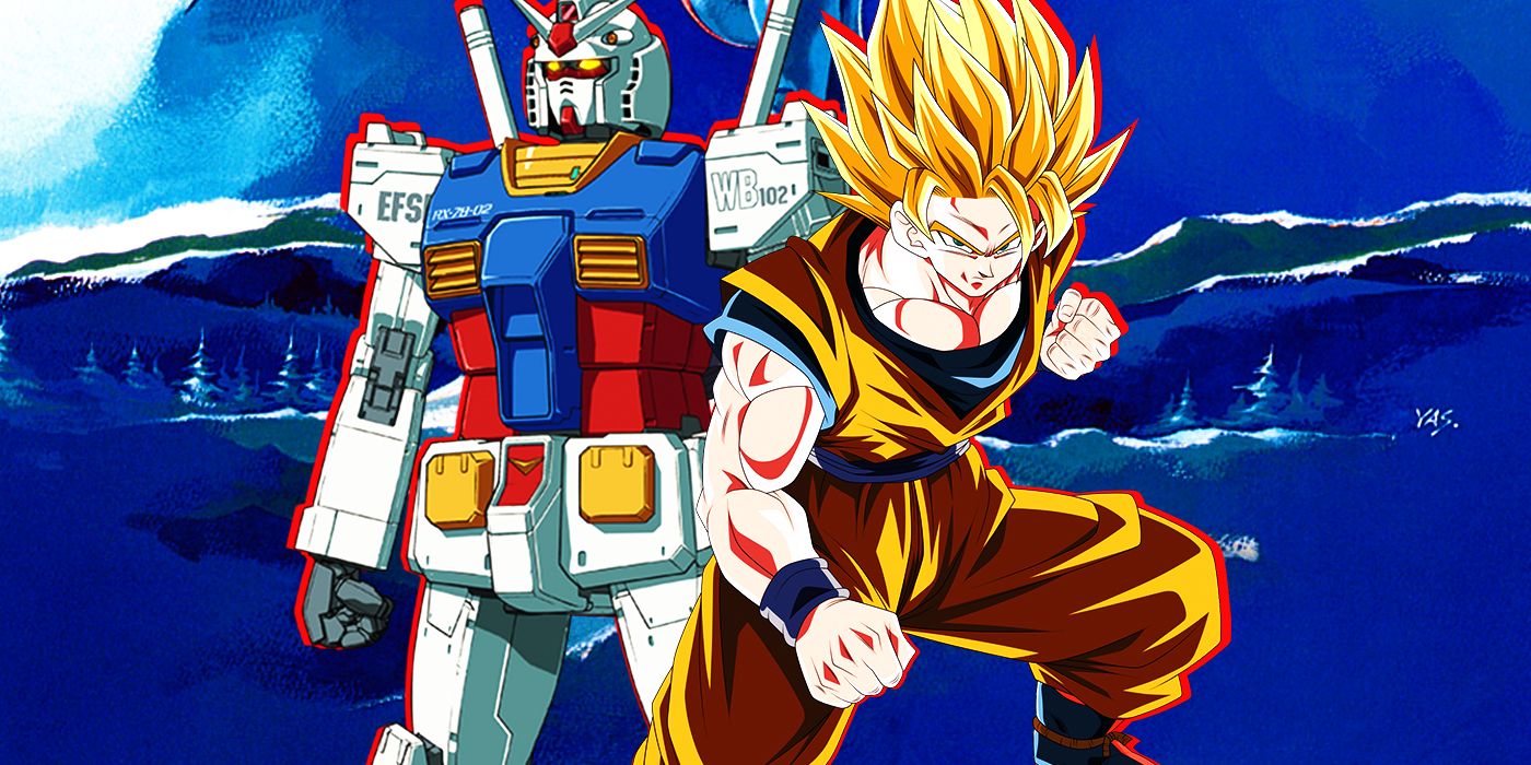 Goku from Dragon Ball Z in Super Saiyan form and a Gundam mecha robot
