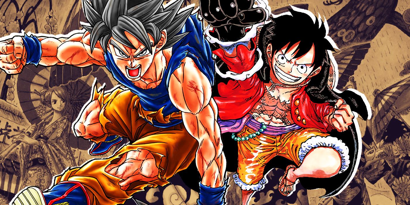 Goku from Dragon Ball and Luffy from One Piece in fighting poses