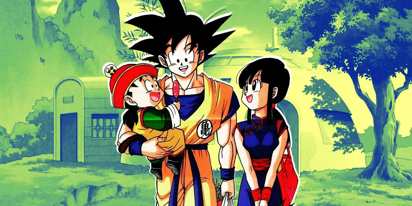 Dragon Ball's Goku embraces Gohan and Chi-Chi in a feature image.