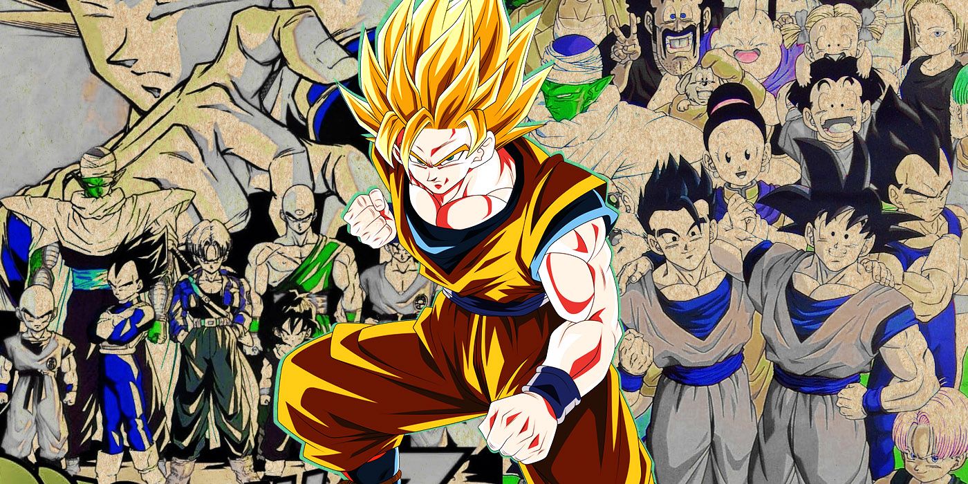 Super Saiyan Goku in a fighting pose with other Dragon Ball characters behind