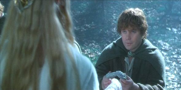 Sam receiving his gift from Galadriel in The Lord of the Rings