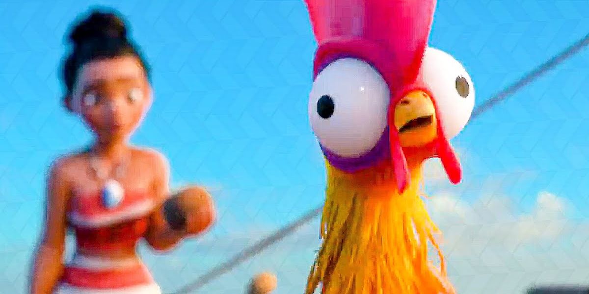 Hei Hei (foreground) investigates his surroundings while Moana (background) looks on with a coconut in her hand in Moana