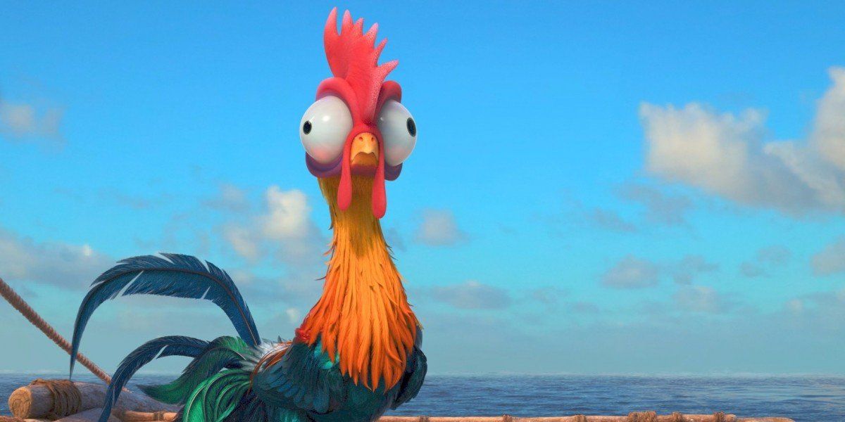 Hei Hei stands on Moana's raft with a bright blue sky behind him in Moana